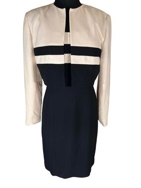 Jones New York 2 Piece Power Suit Black & Cream Midi Dress w Cropped Jacket